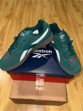 Reebok Men's Hammer Street Green Suede Sneakers with White Stripes.
